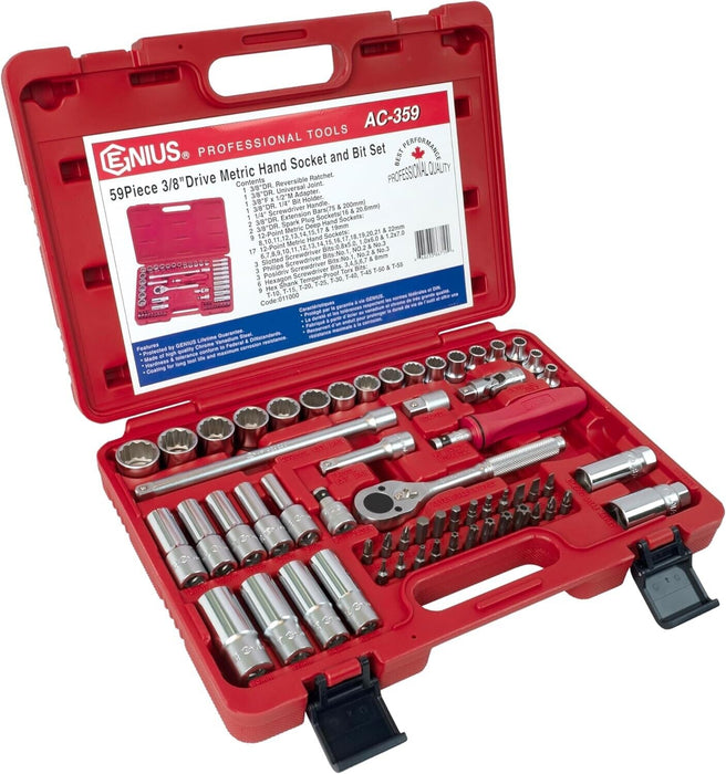 Genius Tools 59 Piece 3/8"Dr 12PT Metric Hand Socket & Bit Set Made in Taiwan