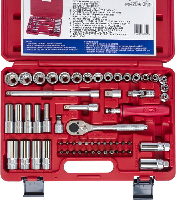 Genius Tools 59 Piece 3/8"Dr 12PT Metric Hand Socket & Bit Set Made in Taiwan