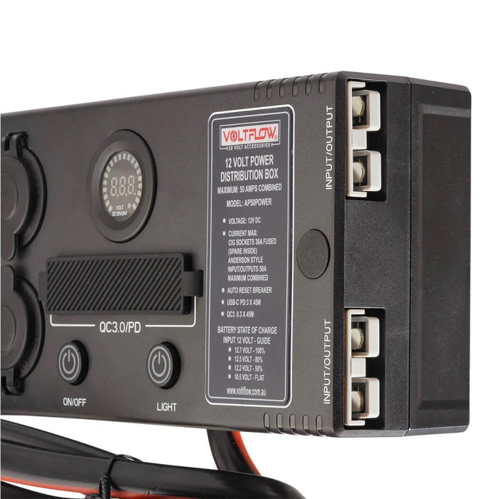 VoltFlow 12v Mini Power Box 4 x Cig Socket 3 x USB / USB-C 2 x 50a Connectors