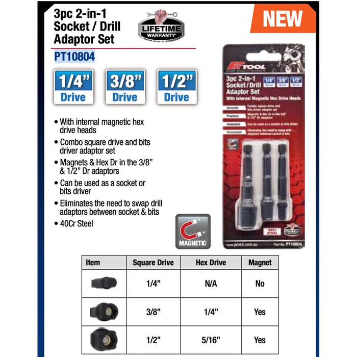 PKTool 3PCS 2-in-1 Socket/Hex Drill Bit Adaptor Set Internal Magnetic 40Cr Steel
