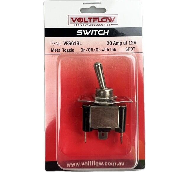 VOLTFLOW ON/OFF/ON METAL TOGGLE SWITCH WITH ON/OFF/ON TAB 20 AMP 12 VOLT