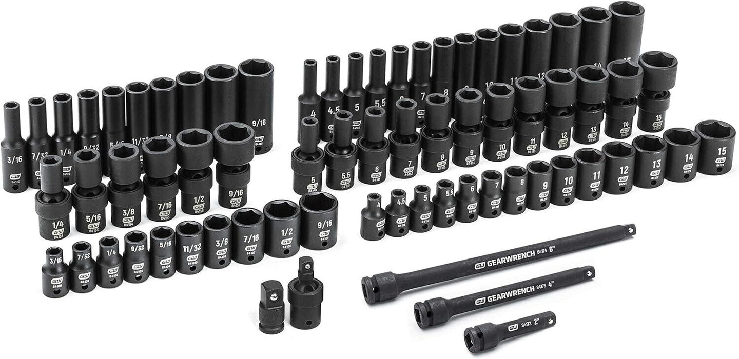 T&E Tools 74Pc 1/4"Dr Standard & Deep Universal Impact Socket Set Made in Taiwan