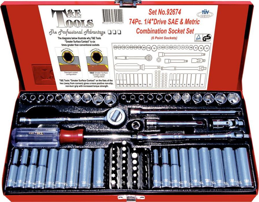 T&E Tools 73PCS 1/4"Dr SAE & Metric Short Deep Socket Set Made in Taiwan