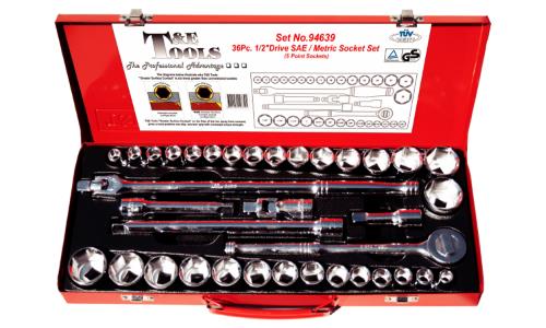 T&E Tools 36Pc 1/2"Dr 6Pt Std SAE/Metric Skt Set Made Taiwan 10-32mm 3/8-1.1/4"